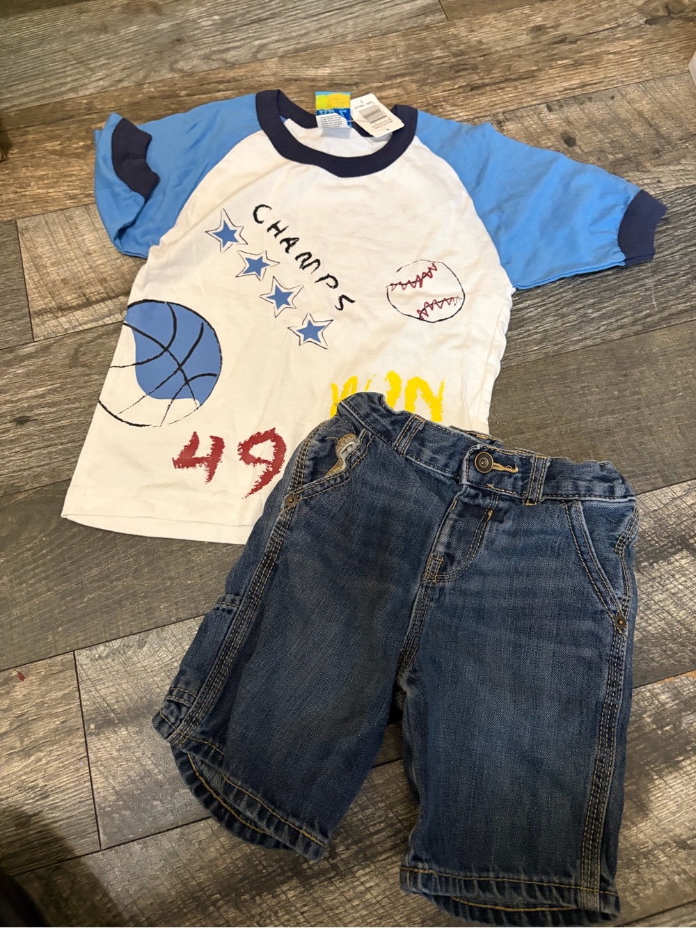 Vintage size 3 White Tee with Light Blue Raglan Sleeves with 3t jean shorts